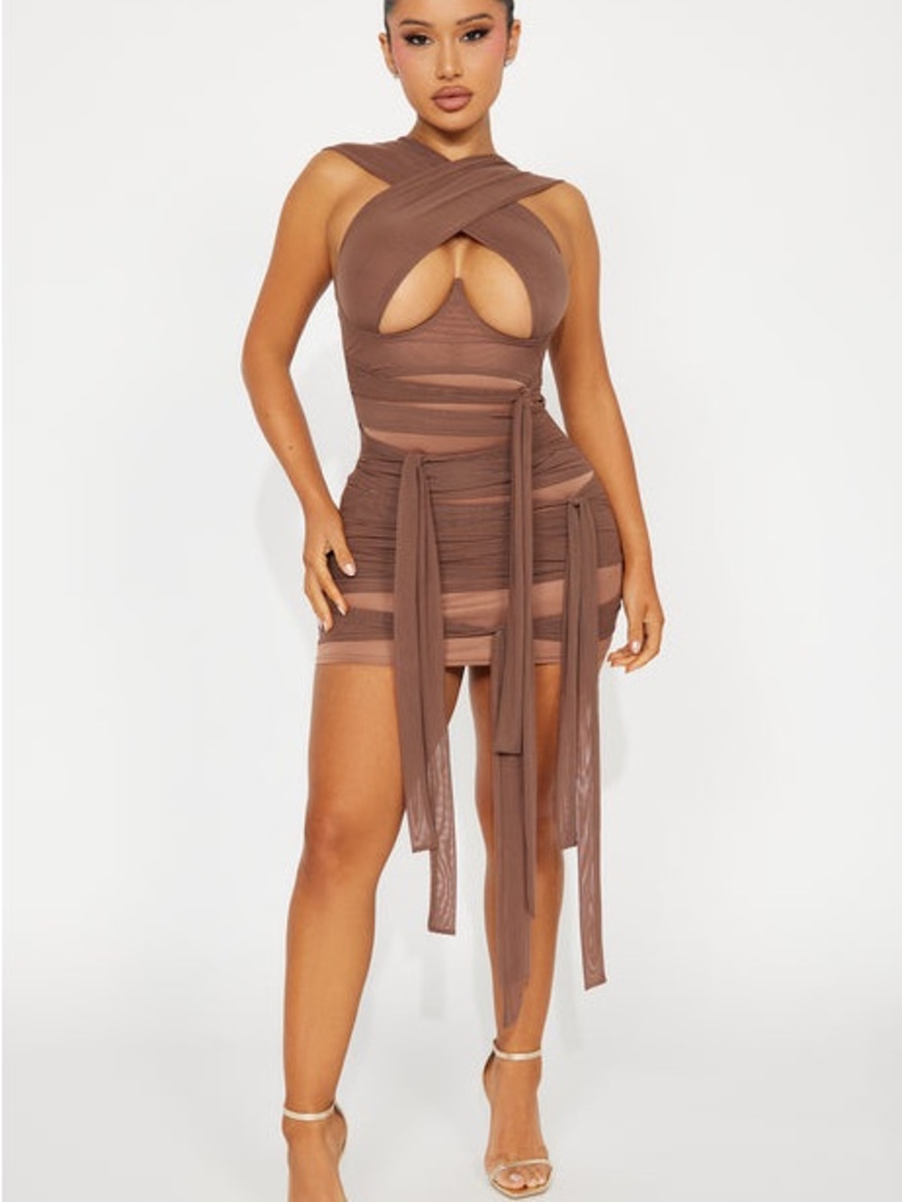 Fashion Nova Brown Strappy Cutout Wrap Mini Dress